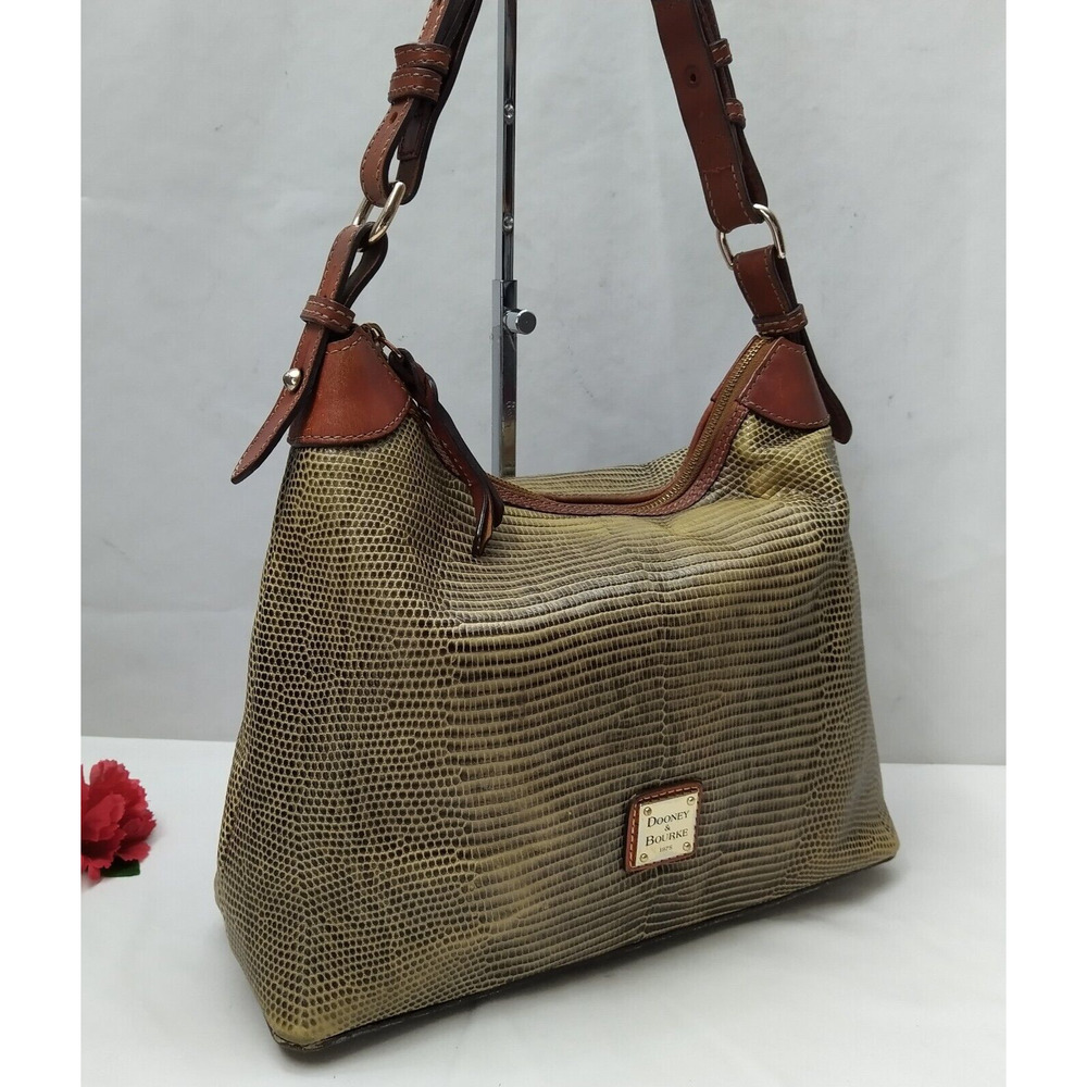 Dooney & Bourke Yellowish Green Leather Lizard Embossed Zipper Hobo Shoulder Bag - Picture 3 of 16